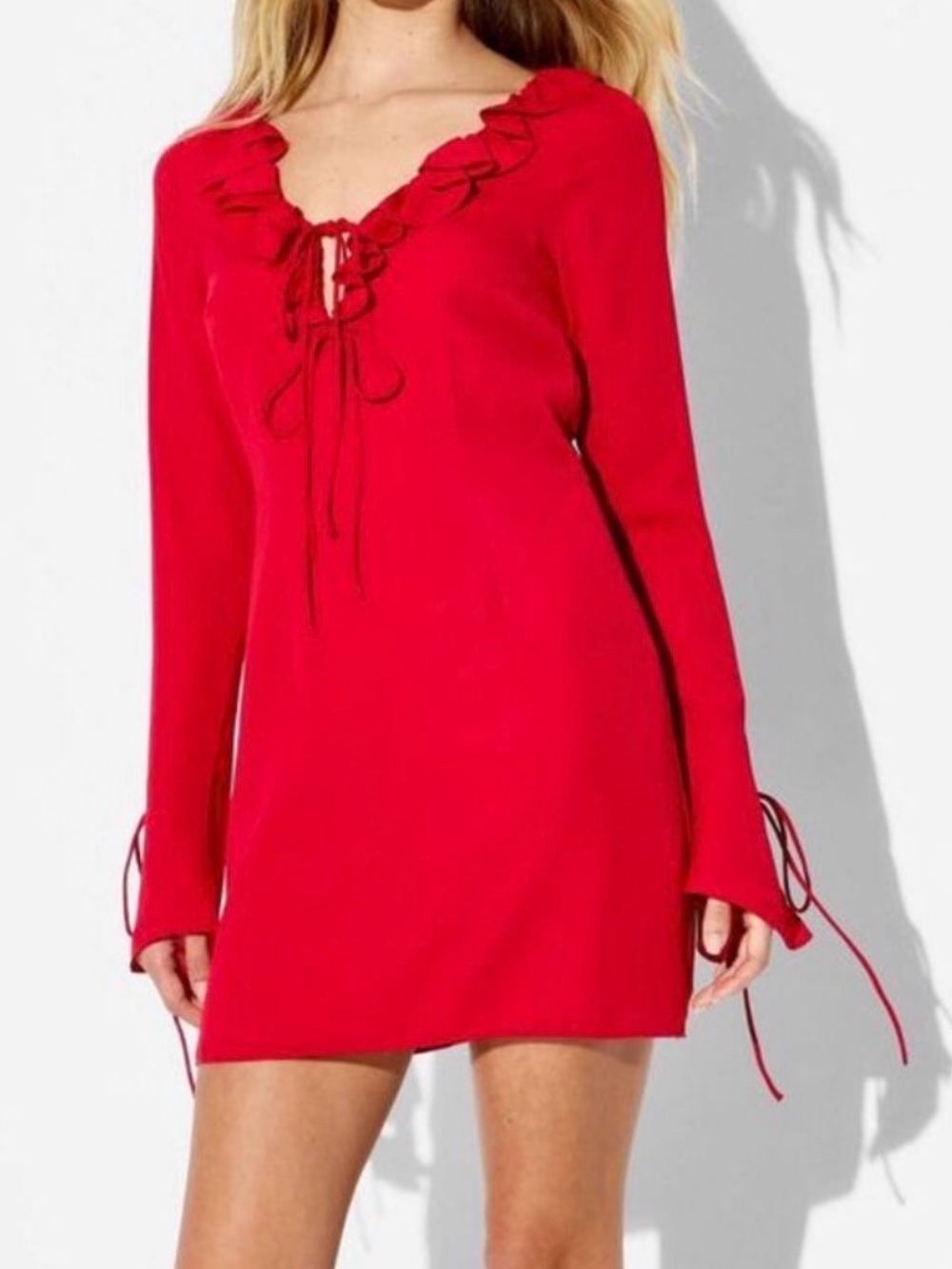 wild fable Red Ruffle Lace-Up Long Sleeve Top